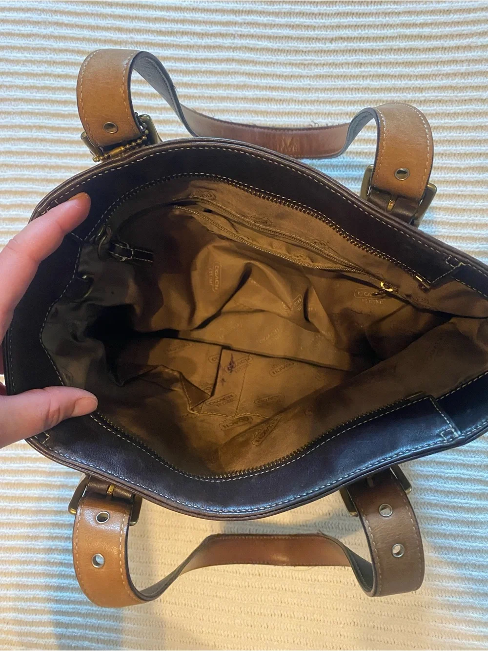 Coach Brown Suede Tote with Dark Brown Leather Straps and Brass Hardware